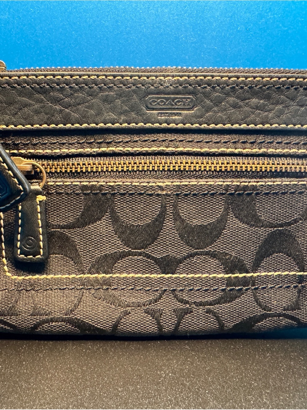 Coach Black Signature Canvas Wristlet with Gold-Tone Zipper